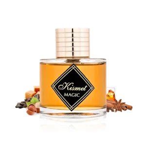 kismet magic perfume bottle surrounded with cognac and vanilla shows against white background