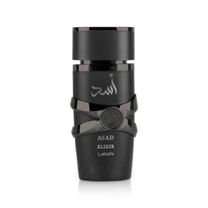 lattafa asad elixir perfume black bottle against white background